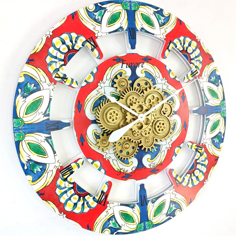 Oversized 36" Multicolor Wood Wall Clock with Moving Gears