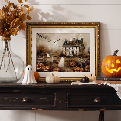 Reproduction d'art sur toile encadrée dorée rétro vintage, chauves-souris de Jack-o-Lanterns 13 x 16 Haunted House, fantômes, citrouilles, Halloween