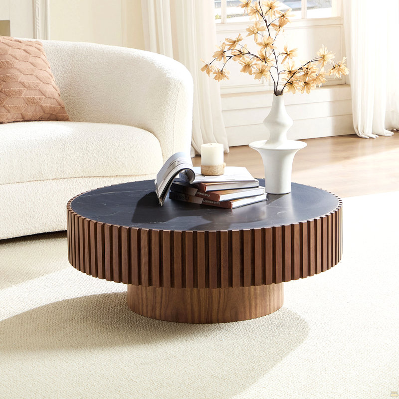 Table basse cylindrique 35,43 po, Noir, Noyer, Pierre frittée