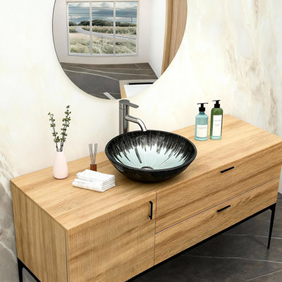Vasque en verre trempé craquelé artistique pour salle de bain, bonde escamotable, couleur grise, bords arrondis et lisses, montage et nettoyage faciles, convient à plusieurs pièces.
