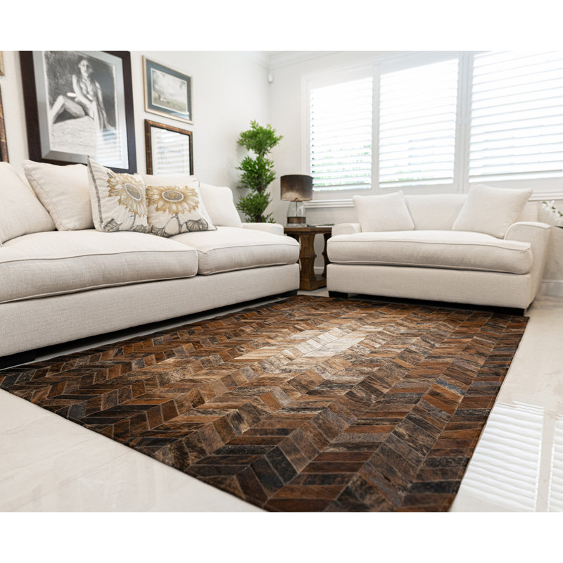 Tapis blanc / brun / noir en cuir de vache Biller, Rectangulaire 9 pi x 11 pi