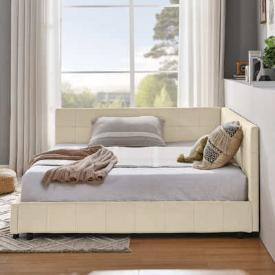 Structure de lit double capitonnée, canapé-lit avec dossier confortable et accoudoirs, lit double pour chambre à coucher, salon, velours, beige nouveau (80,5 po x 59 po x 30,5 po)