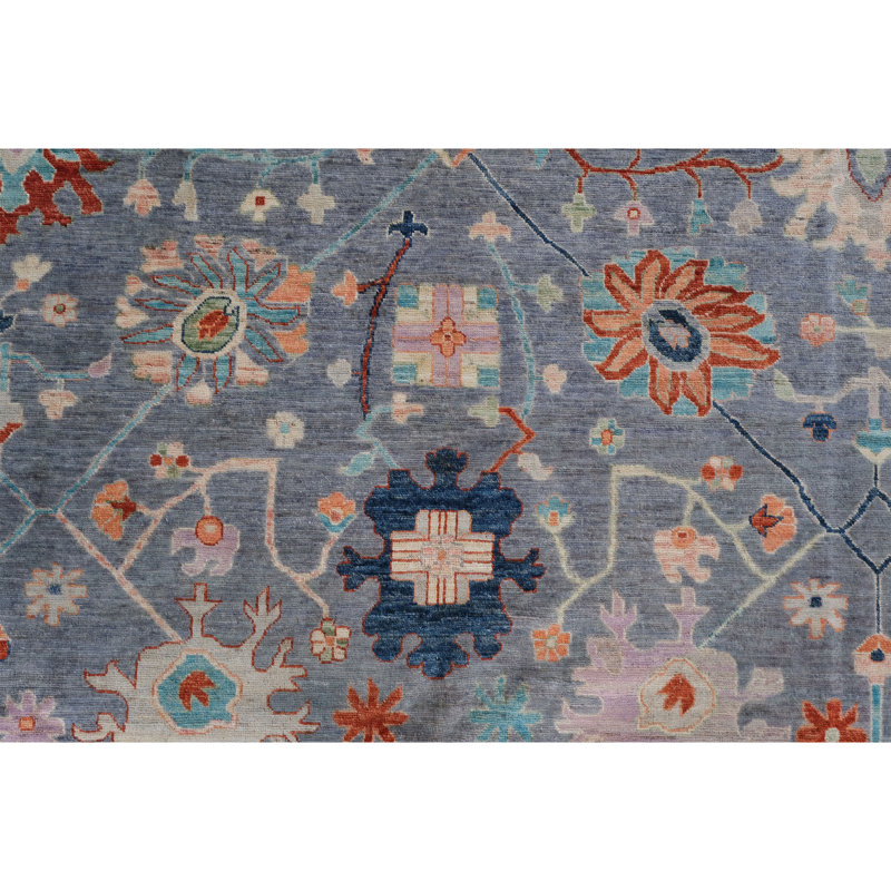 Hand Knotted Wool Area Rug in Gray And Sea Green