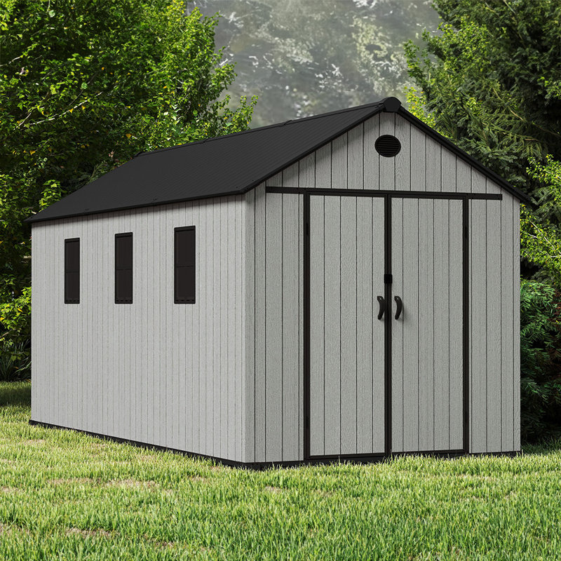 Gray wood-grain pointed-roof plastic tool shed