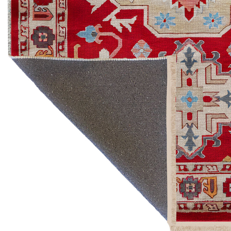 Tapis décoratif rétro à motif traditionnel rouge et beige, Rectangle 5 pi 1,02 po x 7 pi 6,55 po