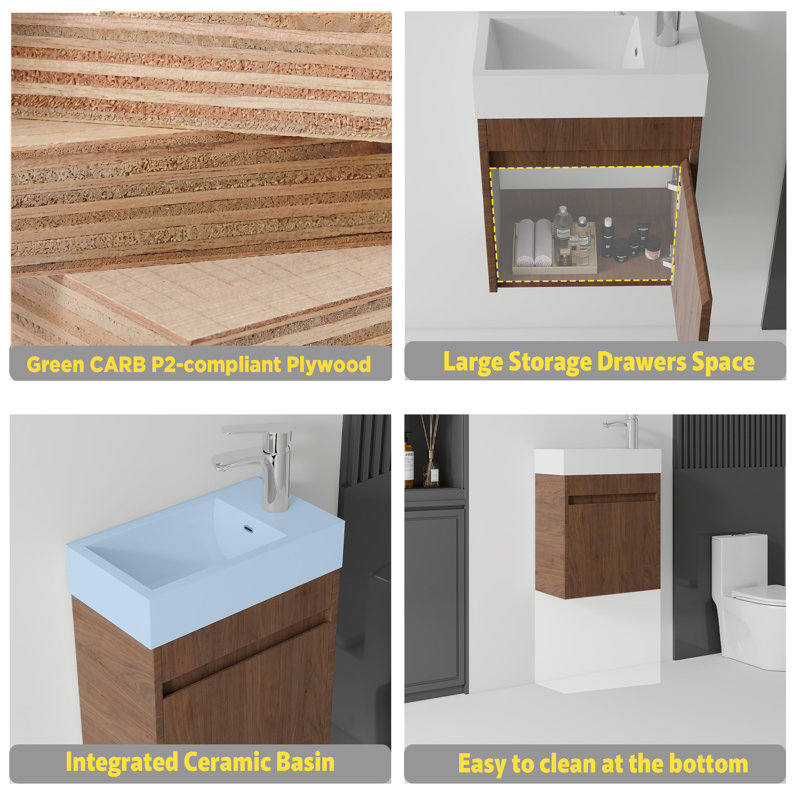 Meuble-lavabo suspendu de 45,7 cm (18 po) avec lavabo intégré, porte à fermeture amortie, lavabo en céramique, meuble de salle de bain en contreplaqué, marron