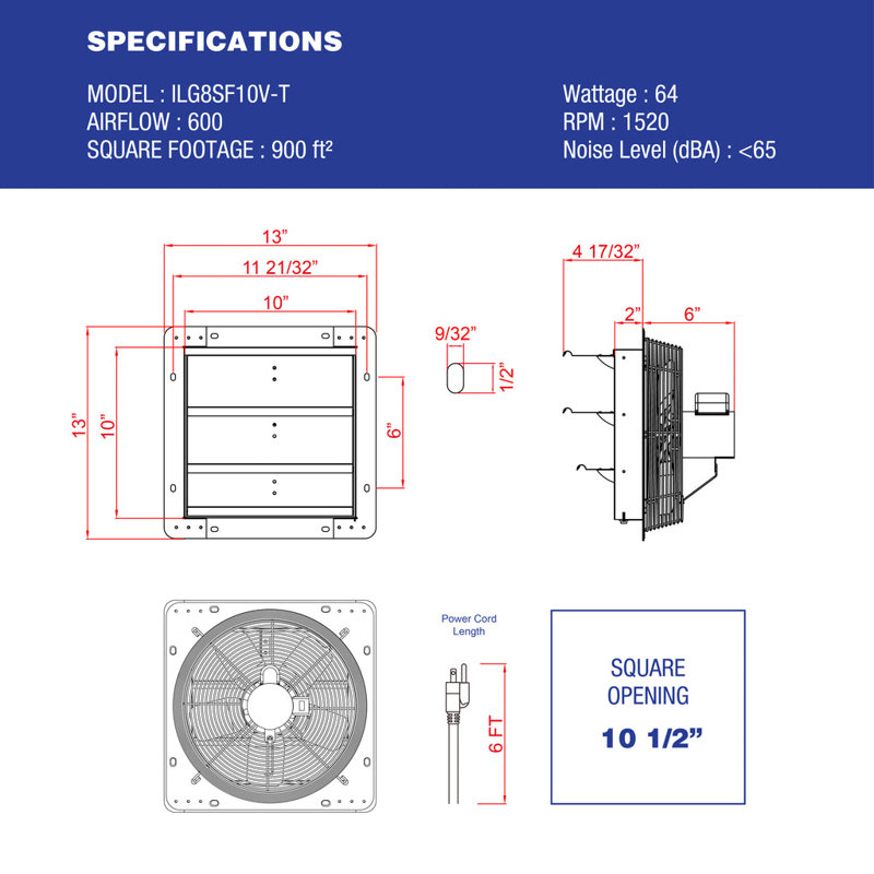 10 inch Shutter Exhaust Attic Fan, Ventilation fan with 3 Speed Thermostat 6 Foot Long 3 Plugs Cord