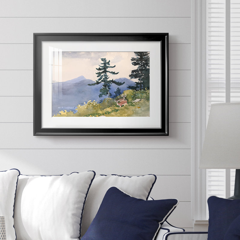 «Deer in the Adirondacks-Winslow Homer», reproduction encadrée avec passe-partout et verre - 1889, Noir, Impression encadrée