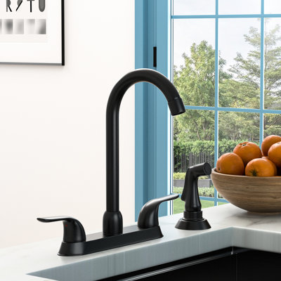 Robinet d'évier de cuisine noir mat avec 2 poignées et douchette extractible, 4 fixations, acier inoxydable 304, rouille, 8,7 pouces, bec pivotant à 360 degrés, débit de 1,75 gal / min, installation, acier 304, corrosion, haute