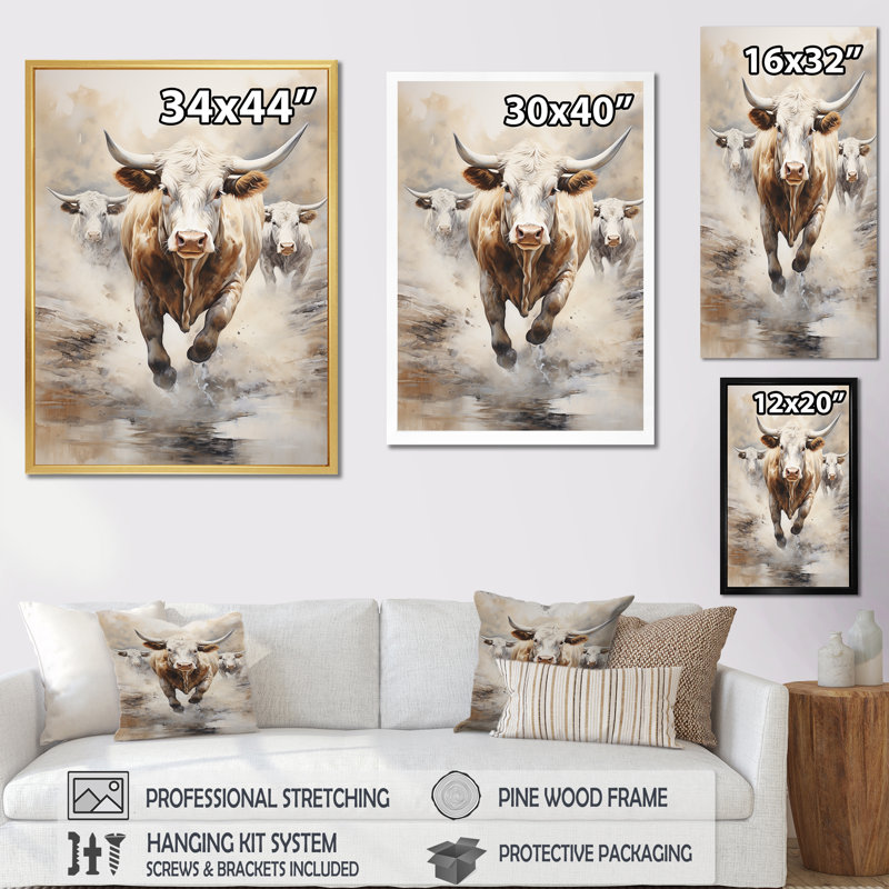 Beige bouvillon Stampede - impressions d'art mural de bovins, Cadre doré simple, H 32 po x l 24 po x P 1 po