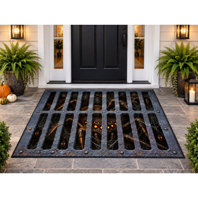 5' x 7' Outdoor Area Rug, Giant Spider Web Prison Grate Halloween Pattern, Waterproof PVC Coil Loop Carpet, Heavy Duty Quick Dry Mat for Porch Deck Balcony Entryway