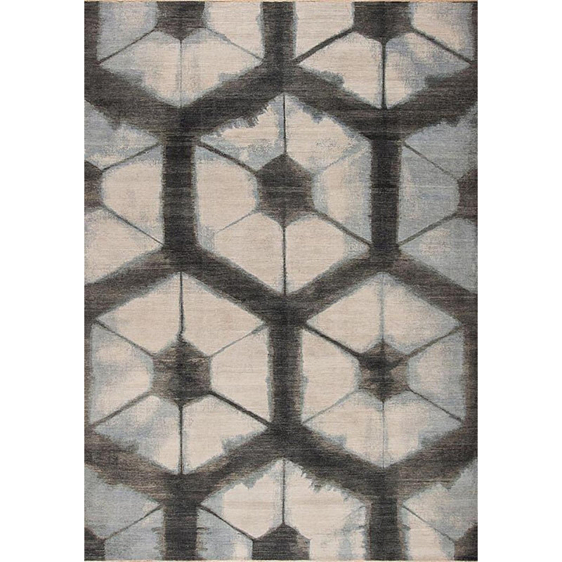 Shibori Hand Knotted Wool Area Rug in Ivory/Gray, Rectangle 9' x 12'
