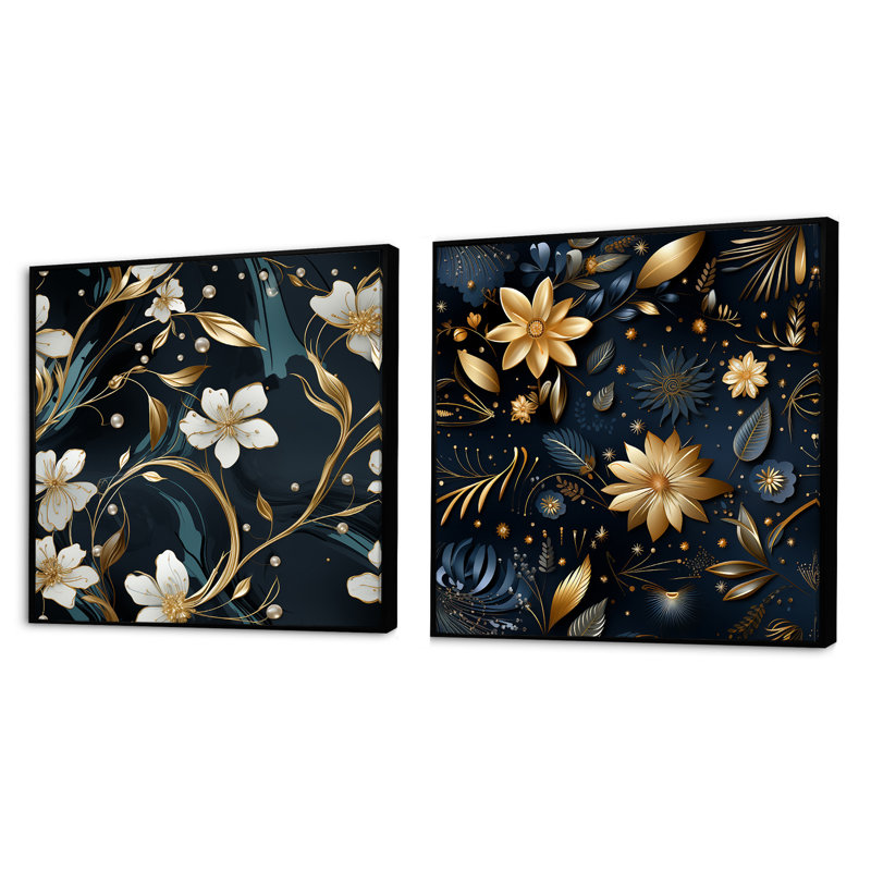 Therrien - Ensemble de 2 collages carrés botaniques abstraits, Cadre flottant noir, H 30 po x l 61 po