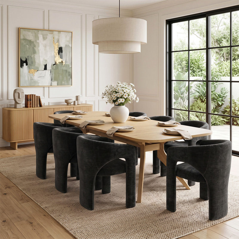 Ensemble de table de salle à manger extensible en placage de bois de 78" à 96" avec 8 fauteuils sculpturaux en chenille