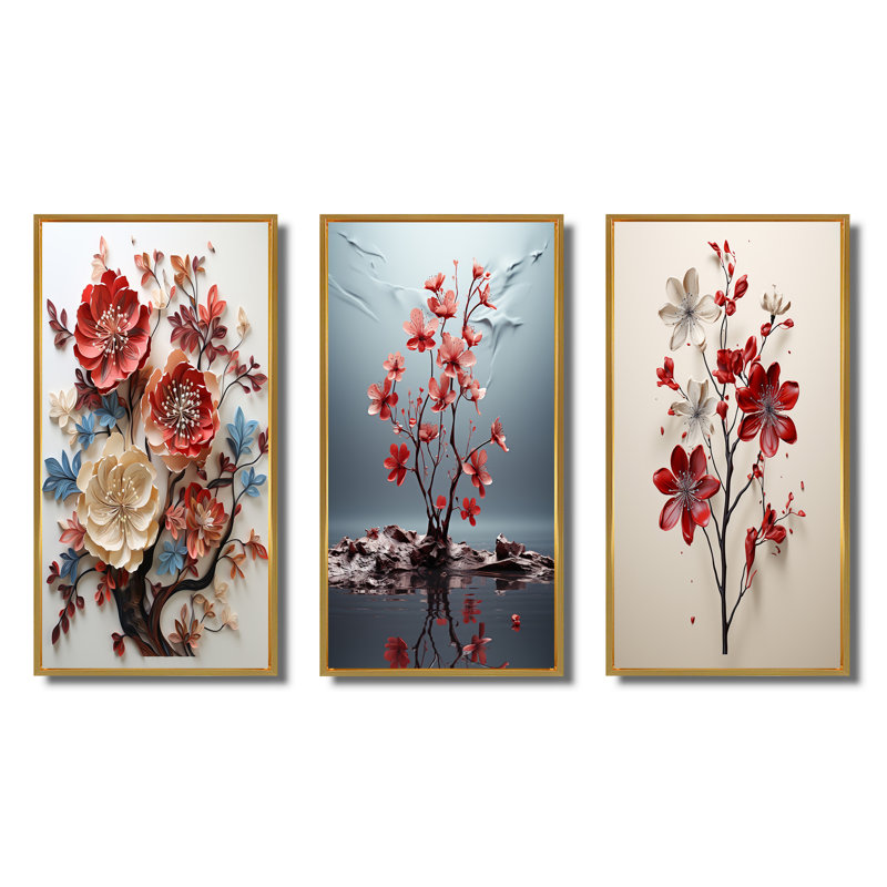 «Red Blue Minimalisme Essence Of Nature», 3 pièces sur toile, Cadre flottant doré, H 28 po x l 36 po