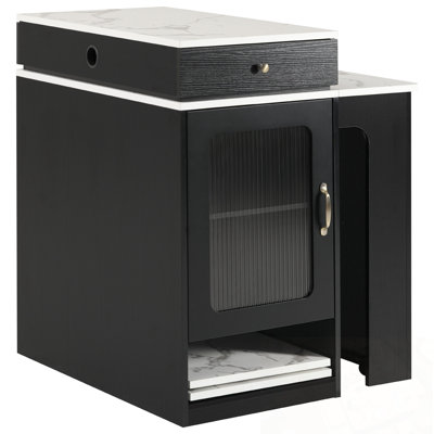 Îlot de cuisine avec table de salle à manger extensible, 2 tiroirs, prise de courant et tablettes latérales ouvertes
