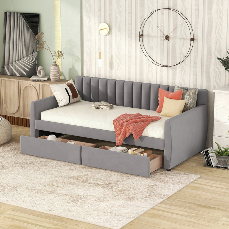 Lit de jour rembourré polyvalent avec tiroirs pour plus de rangement et de confort, Gris
