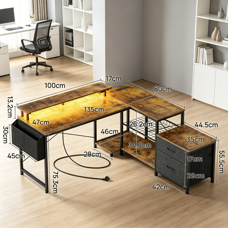 L-Shaped Metal Base Computer Desk, Rustic Brown