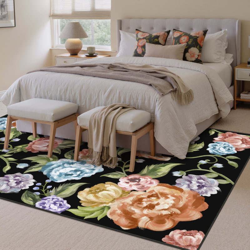 Cherry Machine Washable Floral Area Rug With Non-Slip Backing, Rectangle 6' x 9'