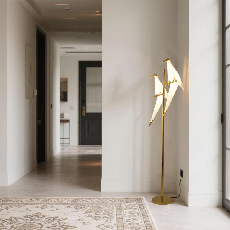 2 pièces Lampe sur pied à motif de grues en papier doré - source de lumière DEL autonome / interrupteur au pied