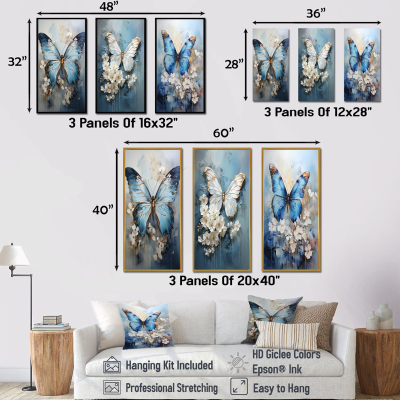 Butterfly Ethereal Blues Form Abstract Elegance, Gold Floater Framed, 40" H x 60" W