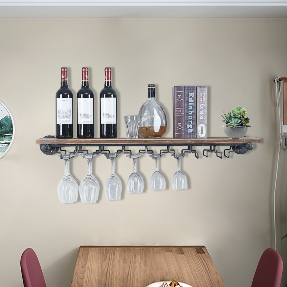 17 Stories Rustic Wall Mounted Wine Rack With Glass Holder & Reviews ...