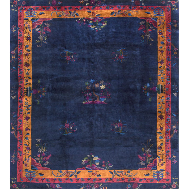 Rectangle Wool Blue Hand Knotted Pile Floral Antique 1920s Rug