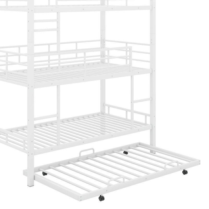 Twin Size Metal Triple Bunk Bed With Trundle, White