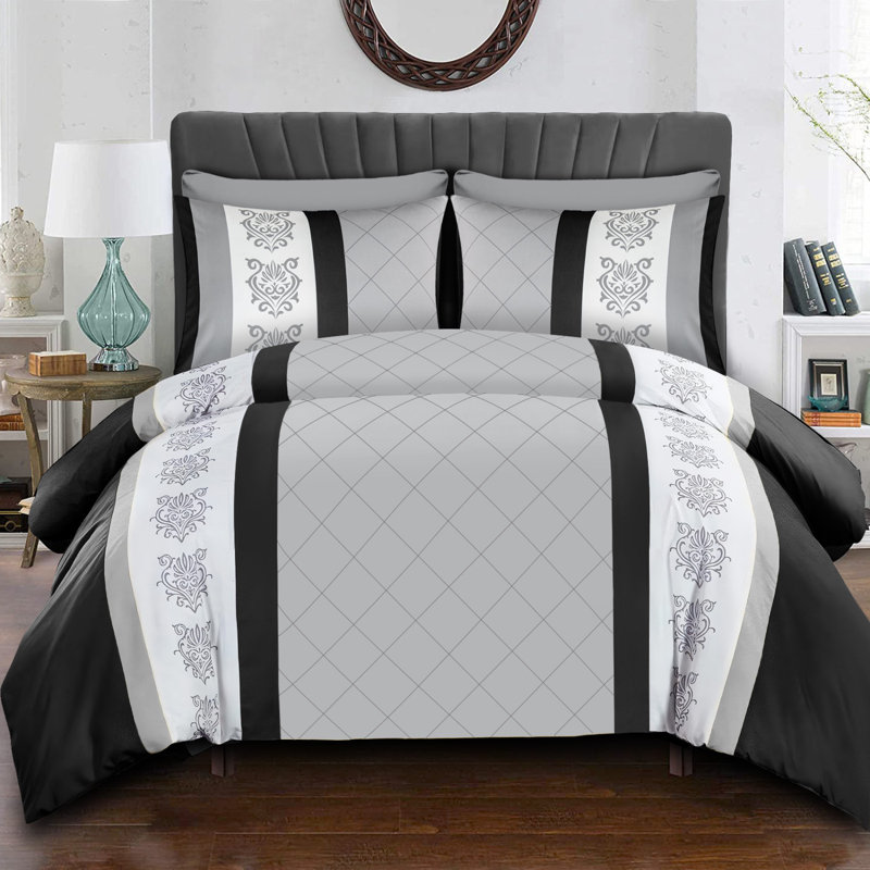 Microfiber Geometric Duvet Cover Set, King (220cm x 230cm), Black & Grey