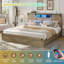 Lit plateforme en bois de style ferme, 2 tiroirs, tête de lit avec rangement et station de charge intégrée, en chêne rustique, style porte de grange, sans sommier.-686880121-714441983