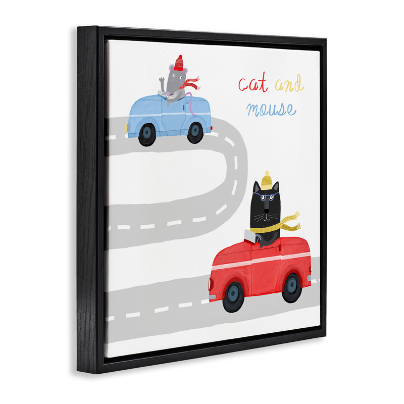 Chat et souris dans une voiture, encadrée par Carla Daly, Cadre flottant noir de jais, H 18 po x l 18 po