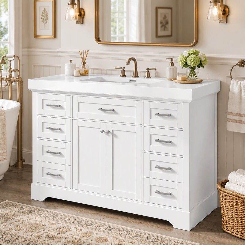 Freestanding Bathroom Vanity with SMC Sink, MDF Cabinet, 2 Doors, 2 Divided Drawers, 4 Storage Drawers, Soft-Close, Adjustable Shelf