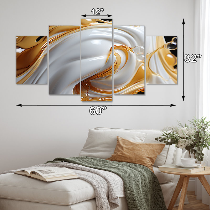 «Flowing Golden Sunshine II», ensemble d'art mural abstrait à encre liquide, 5 pièces, H 32 po x l 60 po