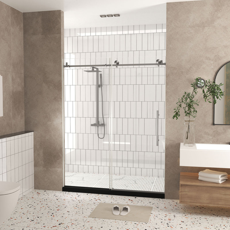 Frameless Shower Door, 1/4 "(6 Mm) Clear Tempered Glass, Explosion Proof Film, Stainless Steel Handle, Brushed Nickel