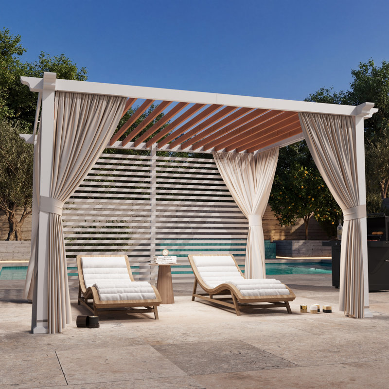 Palisade 10‘ X 12' Steel Frame Outdoor Patio Pegola With Slats Roof,Privacy Panel Screen Wall And Curtains For Backyard Garden And Deck Party