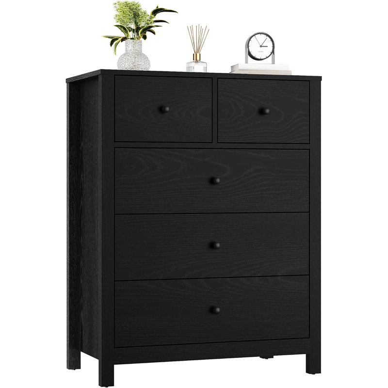 Black Tall 5-Drawer Dresser with Deep Drawers, Modern Wood Chest for Kids Bedroom, Black