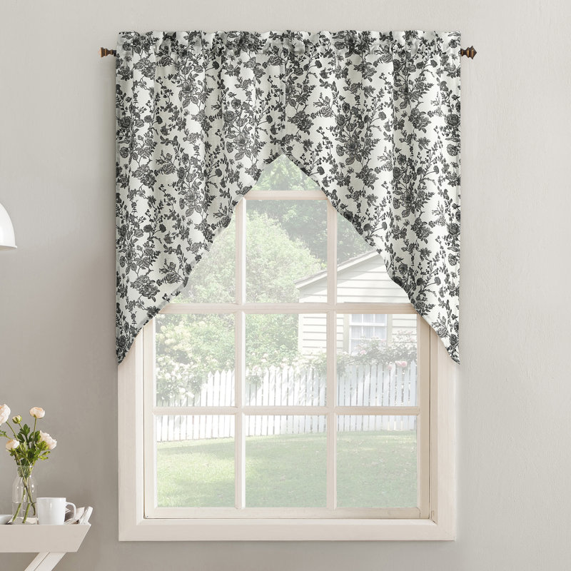 Catarina Tonal Botanical Semi-Sheer Rod Pocket Kitchen Curtain Swag (Set of 2), Black