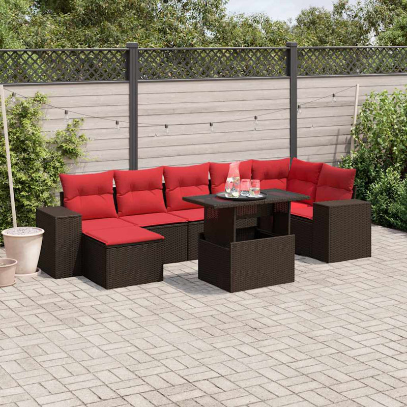 8 Piece Patio Sofa Set With Cushions Poly Rattan, Red, Brown