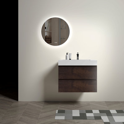 30" Walnut Bathroom Vanity With Sink, Large Storage Wall Mounted Floating Bathroom Vanity For Modern Bathroom, One-Piece White Sink Basin Without Drain And Faucet, Pre-Assembled