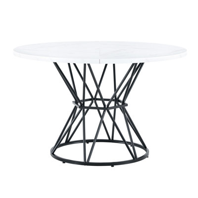 A circular dining table with a diameter of 47.3 inches, composed of 4 marble patterned MDF boards,hourglass shaped metal brackets,and a modern industrial style dining table for 4-6 people.