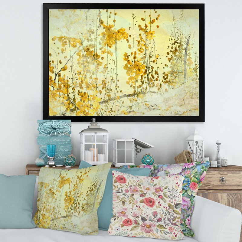 Fleur jaune, art grunge - peinture sur toile, H 24 po x l 32 po x P 1 po, Cadre photo noir