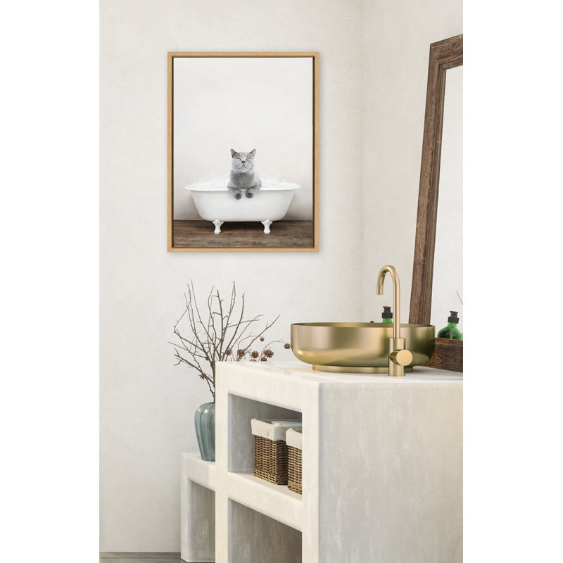 Cat in Rustic Bath Framed Canvas by Amy Peterson Art Studio 18x24, Natural Framed