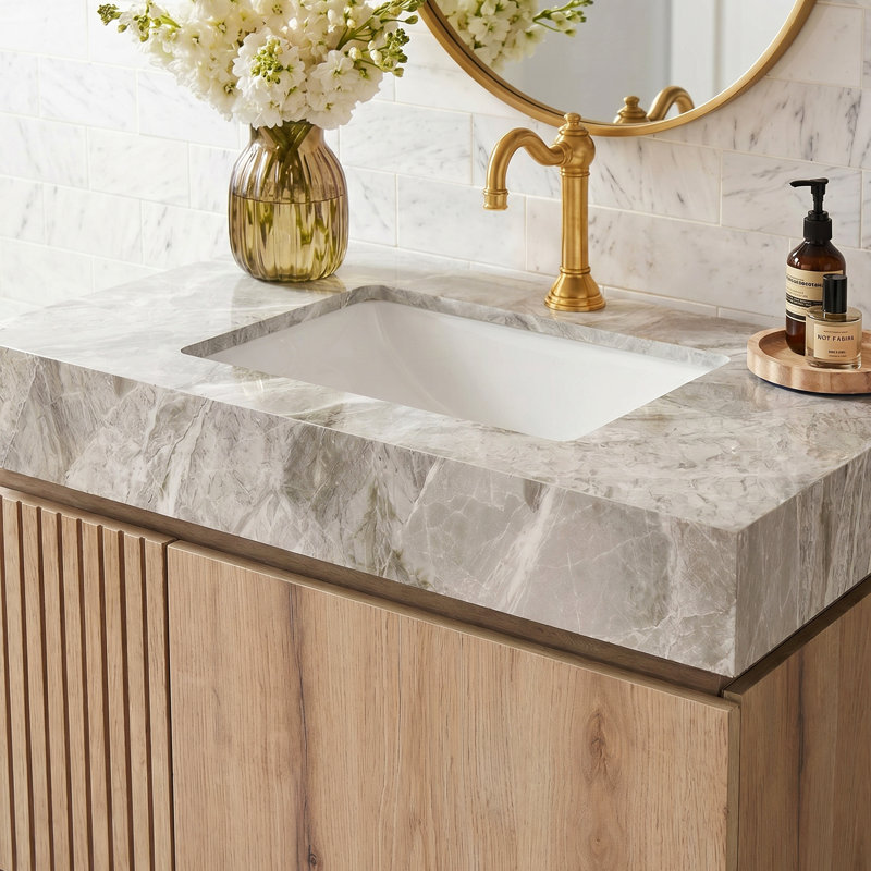 Luxstone Modern Luxury Vanity with Sintered Stone Countertop and Ceramic Basin, White Oak