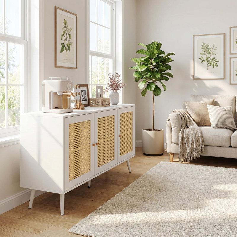 Buffet 32 po en rotin avec tablettes réglables, armoire de bar d'appoint Boho pour entrée et cuisine, robot aspirateur, blanc