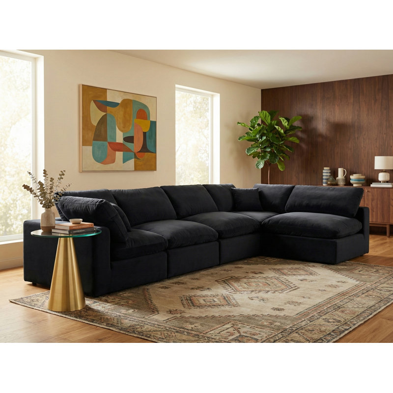 Canapé modulaire réversible en velours de 160 po de large Ivalin, Velours noir
