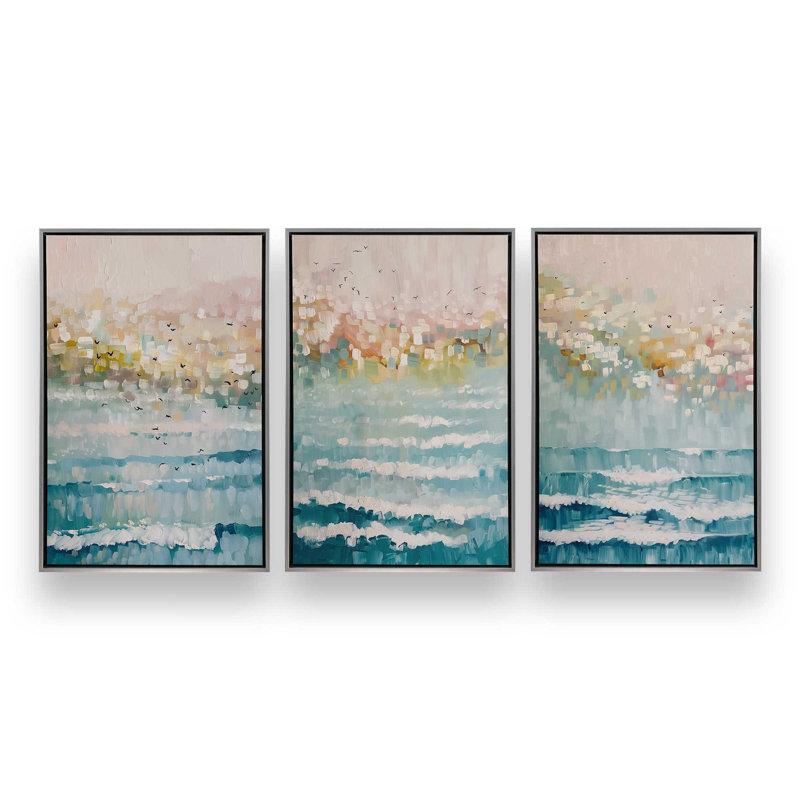 Ensemble de 3 impressions Seaside Sunrise Drift, 12 po x 8 po, Cadre flottant en chrome poli