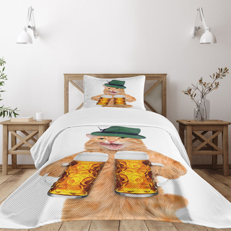Ambesonne Cat Bedspread Cool Cat Hat Beer Mug Funny Multicolor