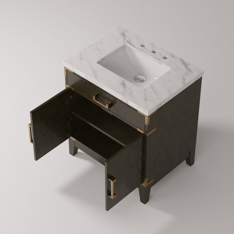 Meuble-lavabo simple avec comptoir en marbre de Carrare, Chêne brun
