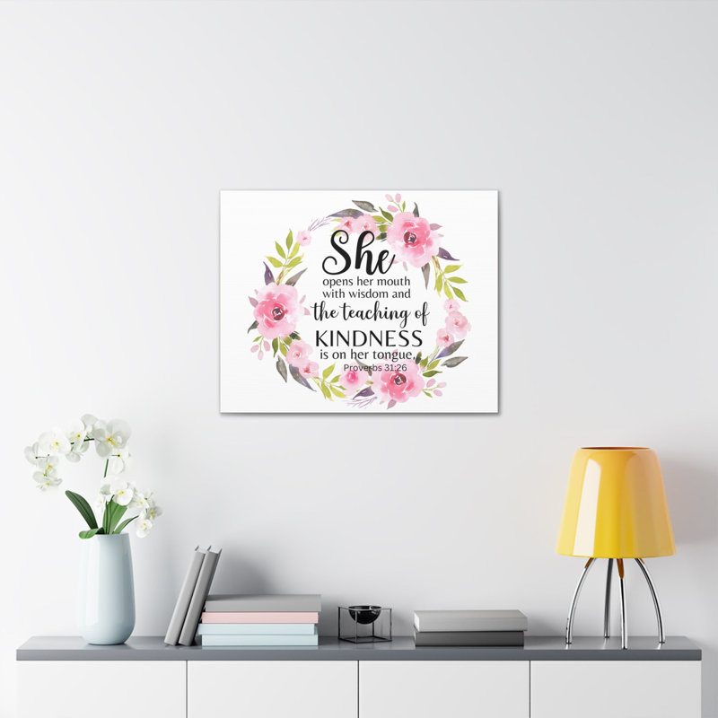 Proverbes 31:26, elle enseigne la bonté, verset biblique sur toile, art mural chrétien
