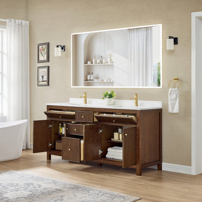 Meuble-lavabo double 72 po Pendry en noyer foncé, comptoir en marbre de culture blanc, lavabos carrés encastrés (1 trou), garniture noir mat
